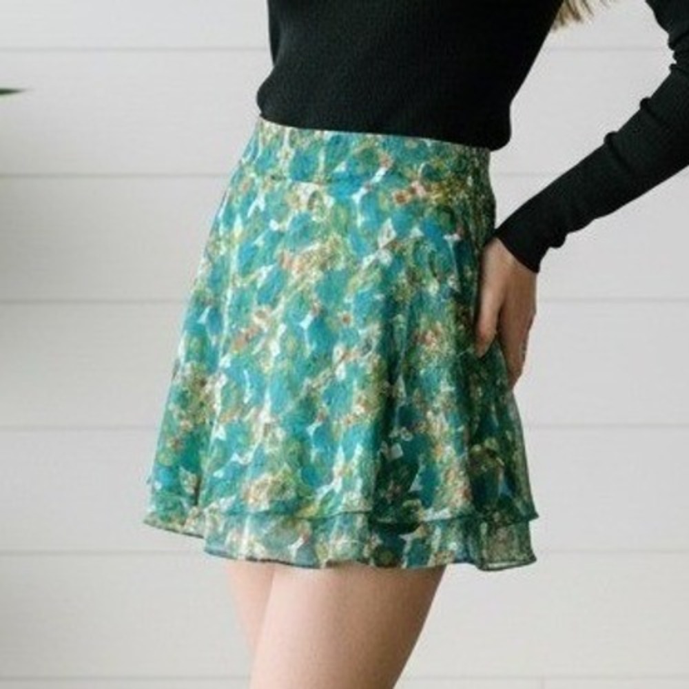 Trulli 10 Green Floral Chiffon Layered Mini Skirt Romantic‎ Flirty Whimsigoth